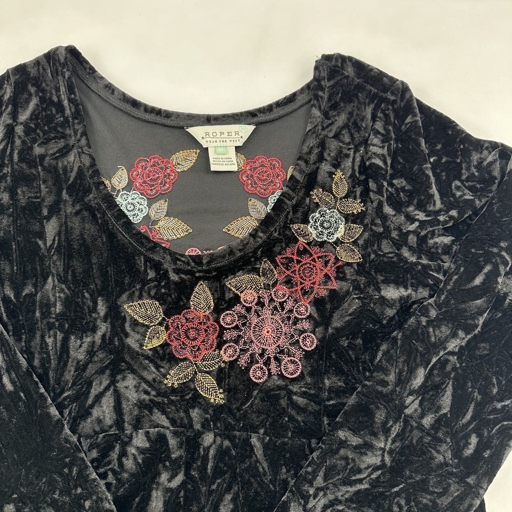 Roper Wear the West Women Medium Black Crushed Velvet Floral Embroidered Dress - Picture 2 of 9